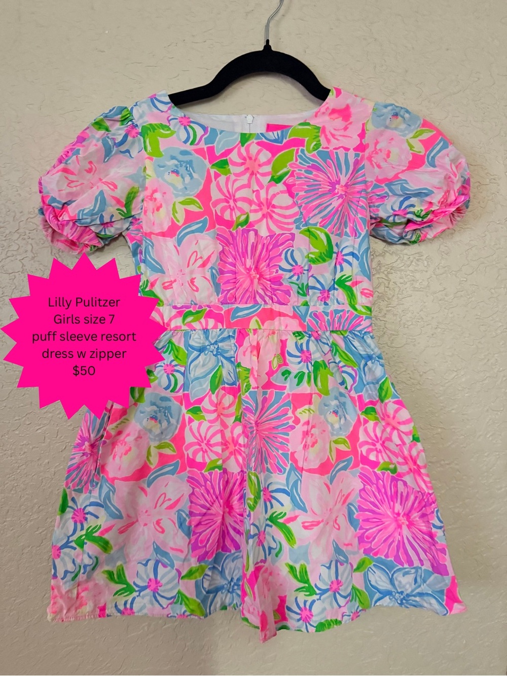 Lilly Pulitzer Pink Floral Puff-Sleeve Sundress with Blue & Green Accents